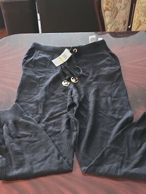 Michael Kors Black Drawstring Jogger Pants with Gold Accents